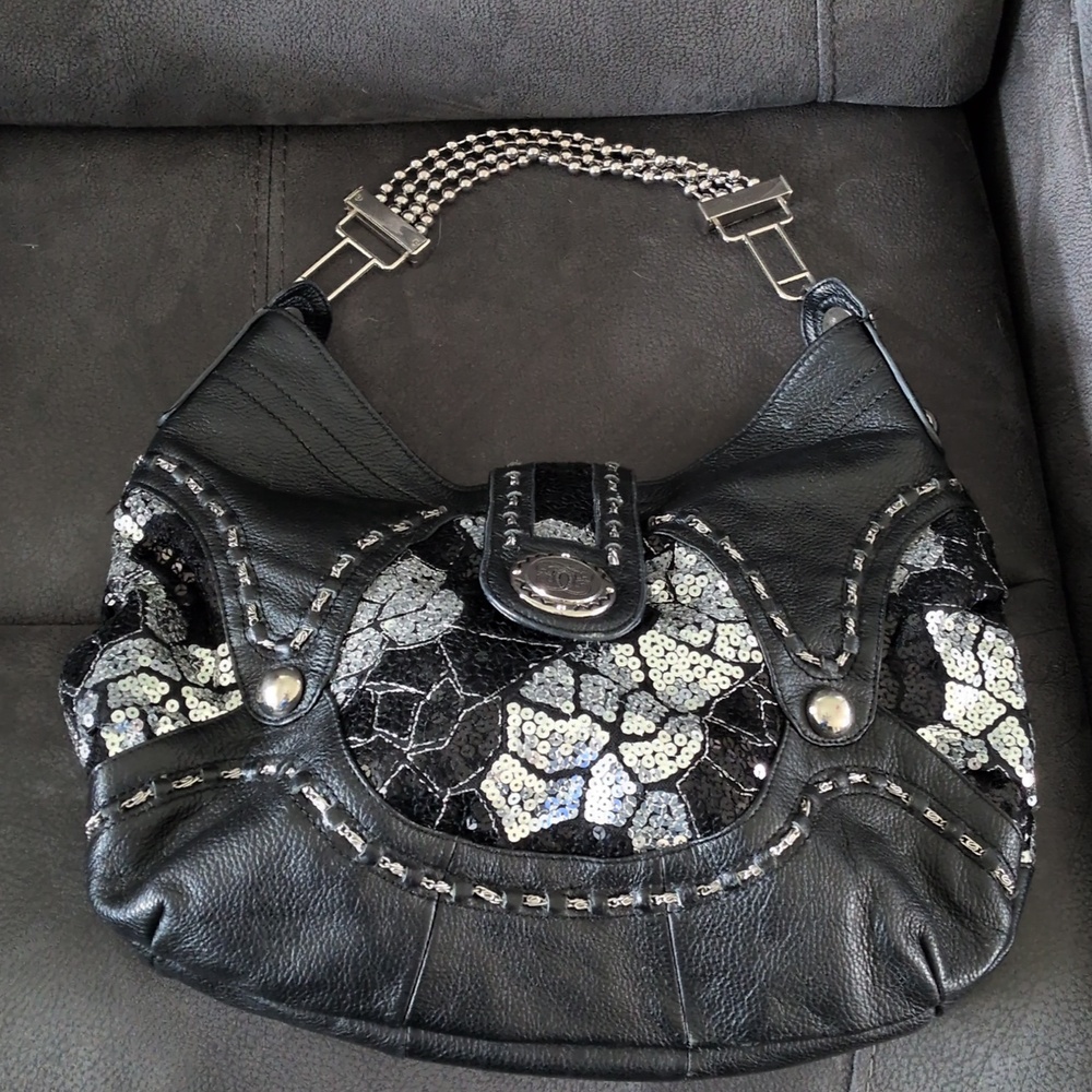 Sharif Vintage Rare  Black Leather Hobo Sequin Overlay‎ Floral